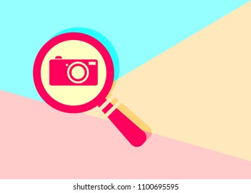 modern flat red flat magnifier search icon with photo camera with shadow on blue and pink pastel colored background