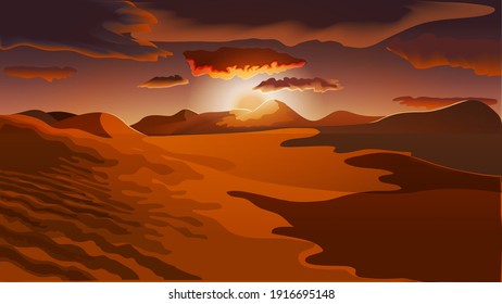 Modern flat red orange desert landscape. Illustration with a view of the sunset in orange, brown and lilac colors. Vector illustration.