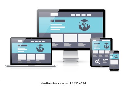 Modern flat & responsive vector illustration of computer coding in realistic electronic devices