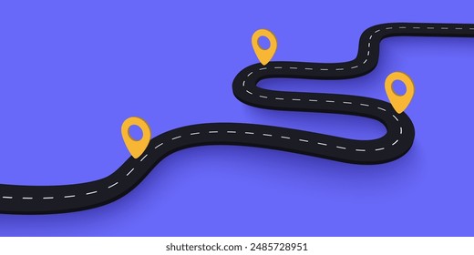 Modern flat road map and journey route infographics template. Simple vector 3d winding road with pin pointer 3d icon illustration. Flat vector illustration