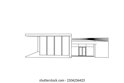 Modern Flat Roof House Or Commercial Building In  Drawing Style. Minimalist Black Linear Sketch Isolated On White Background. 3d Rendering