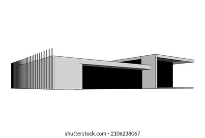 Modern flat roof house or commercial building in  drawing style. Minimalist black linear sketch isolated on white background. 3d rendering