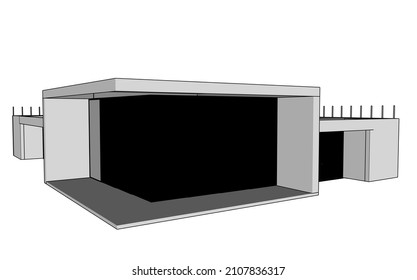 Modern flat roof house or commercial building in  drawing style. Minimalist black linear sketch isolated on white background. 3d rendering