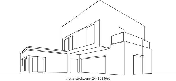 Moderno techo plano casa o edificio comercial dibujo de línea continua. Ilustración vectorial minimalista de boceto de una línea negra.