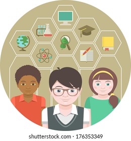 Modern flat round illustration of children with different school symbols