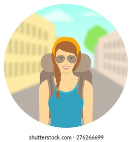 Modern flat round vector illustration of smiling young woman tourist with backpack on background of city landscape. Tourism and travel to different countries concept. Hiking and backpacking