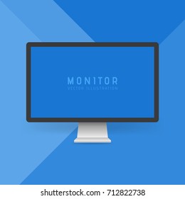 Modern flat screen computer monitor. Digital display isolated on blue material design background. Vector illustration