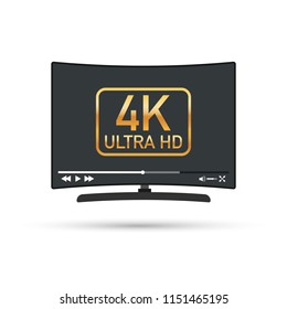 Modern flat screen tv with ultra high definition, 4k ultra hd screen format. Tv with online player. Vector stock illustration.