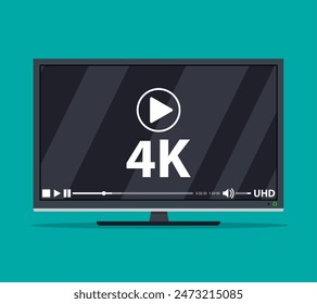 Modern flat screen tv with ultra high definition, 4k screen format. Tv with online player. Led television display. Vector illustration in flat style