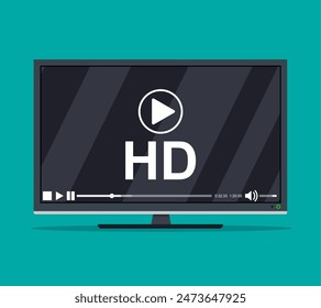 Modern flat screen tv with ultra high definition, HD screen format. Tv with online player. Led television display. Vector illustration in flat style