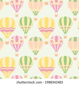 Modern flat seamless pattern with colorful hot balloons background. Cartoon flat design. Children's wallpaper. Hot balloons background in retro style. Kid graphic. Fabric pattern.