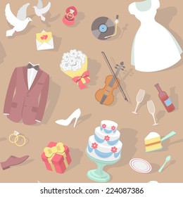 Modern flat seamless pattern with wedding accessories: wedding dress, groom suit, wedding cake, rings, bouquet, pigeons, violin on a plain background with shadows 