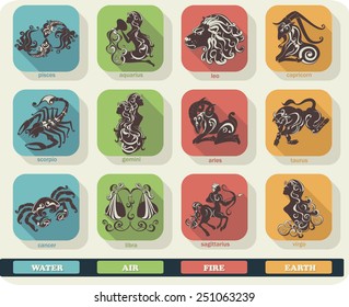 Modern flat set icons of zodiac signs with long shadow effect. Vector collection of astrology horoscope symbols.