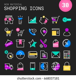 Modernos iconos planos de la línea de compras de colores finos en el estilo retro de colores vivos de los años 80 y 90