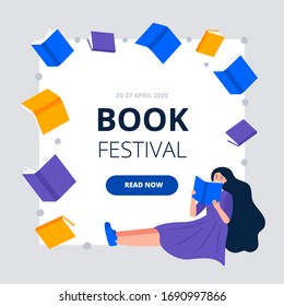 Modern flat and simple design banners and ad template for a book festival, reading club, world book day. Colorful vector illustration with a young woman reads books. 