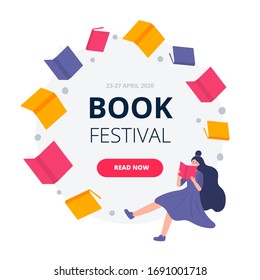 Modern flat and simple design banners and ad template for a book festival, reading club, world book day. Circle concept with flying books. Colorful vector illustration with a young woman reads books. 