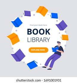 Modern flat and simple design banners and ad template for a book festival, reading club, world book day. Circle concept with flying books. Colorful vector illustration with a young man reads books. 