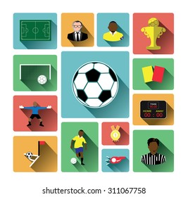Modern flat soccer icons set with long shadow effect