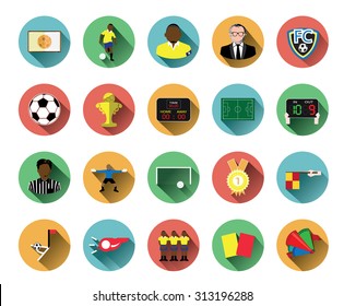 Modern flat soccer icons set with long shadow effect