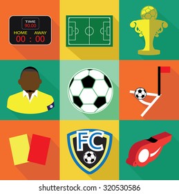 Modern flat soccer icons set with long shadow effect