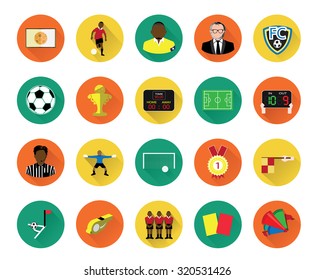 Modern flat soccer icons set with long shadow effect
