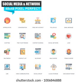 Modern flat social media and network icons set for website and mobile site and apps. Contains such Icons as Follow, Multimedia, Conversation. 48x48 Pixel Perfect. Editable Stroke. Vector illustration.