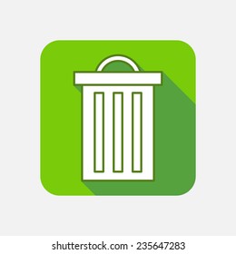 Modern flat square vector icon with long shadow. Garbage, can, trash, clean, junk, delete, basket, bucket, trashcan