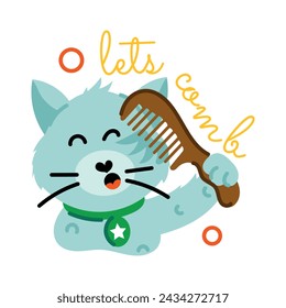 Modern flat sticker of cat combing 