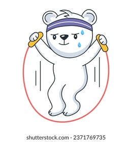 Modern flat sticker depicting a bear skipping rope 