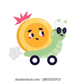 Modern flat sticker of a slow snail mascot moving with wheels