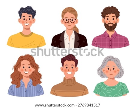 Modern flat style avatar set of six unique people. Diverse men and women portraits with various ages and looks