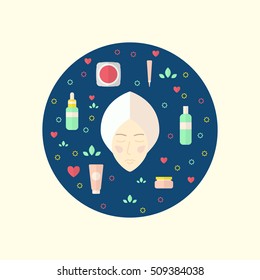Modern flat style beauty products circle conceptual illustration with different beauty elements including face,powder,cream. Skin care  and beauty products  logo vector.