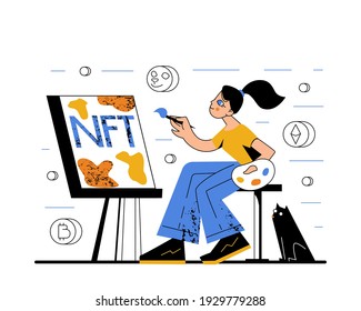 Modern flat style creative vector illustration of a female artist painting a picture of non-fungible tocken with a cat.