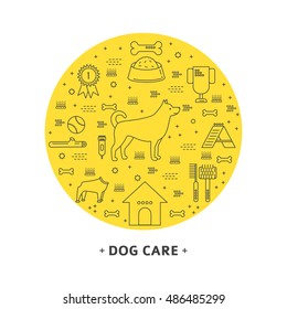 Modern flat style dog care  circle conceptual illustration with different dog care elements including 
dog , booth , bones , cup, Agility. Dog care  logo vector.