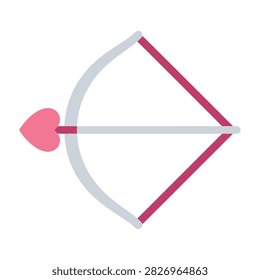 Modern flat style graphic of a bow and arrow with a heart tip. Symbol of love and romance. Perfect for valentines day, weddings, dating apps, and romantic greeting cards.