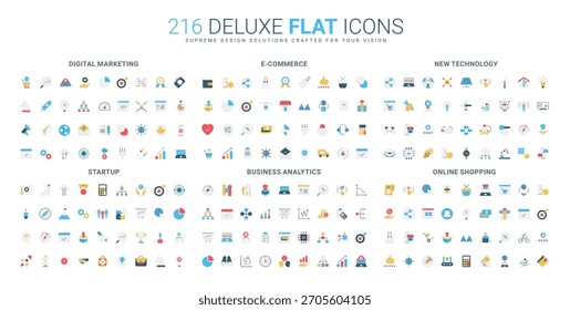 Conjunto de iconos de estilo plano moderno cubre marketing digital, comercio electrónico, nueva tecnología, startup, análisis de negocios, conceptos de compras en línea, ideal para el Web y el diseño App Ilustración vectorial aislada