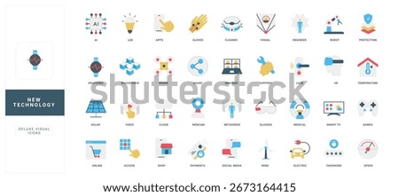 Modern flat style icons representing AI, blockchain, VR, smart devices, and digital innovation for web, apps, and presentations isolated vector illustration