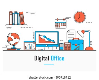 Modern flat style illustration of Digital Office, Workspace or Workplace with set of different office items, objects and equipments for Business concept.