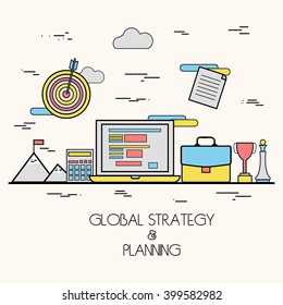 Ilustración moderna de estilo plano de la Estrategia Empresarial Global y Planificación de Mercado para un concepto de sitio web, material impreso o promocional sensible.