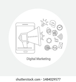 Modern flat style illustration of megaphone and different icons for Digital Marketing concept.