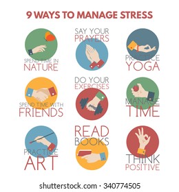 Modern flat style infographic on stress management. Elements designed as hand gestures. Features contact with nature, prayer, yoga, friends, sport, time management, art, reading, positive thinking. 