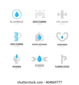 Modern flat style logo collection with plumber, handyman and house repair symbols. Isolated and easy to use logotype for your business.