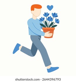 Modern Flat Style Man Running Holding Flower Pot Illustration