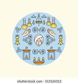 Modern flat style massage circle conceptual illustration with different massage and spa elements including lamp oil,massage bags.Massage and spa logo vector.