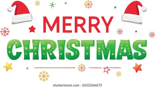Modern Flat Style 'Merry Christmas' Vector Banner with Santa Hat and Festive Decorations