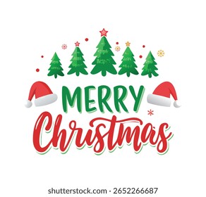Modern Flat Style 'Merry Christmas' Vector Banner with Santa Hat and Festive Decorations