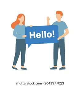 Modern Flat Style People Holding Hello Speech Bubble Illustration Graphic Design