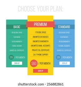 Modern flat style pricing table template. Creative vector illustration. Awesome red, blue, yellow white and green color scheme. Isolated on white background.