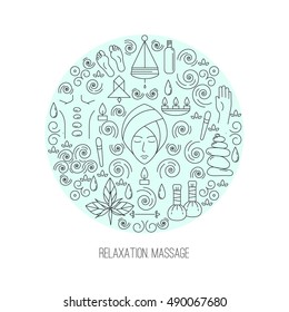 Modern flat style relaxation and massage circle conceptual illustration with different massage care elements including feet, oil, massage, face. Spa & Beauty care  logo vector.