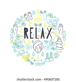 Modern flat style relaxation and massage circle conceptual illustration with different massage care elements including feet, oil, massage, face. Spa & Beauty care  logo vector.Relax.